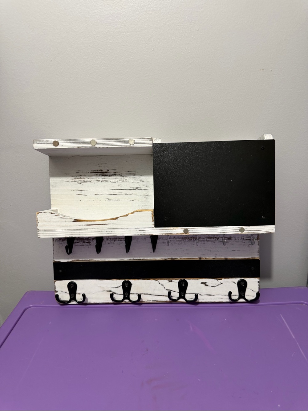 Distressed White and Black Wall Organizer with Hooks - Never Used!